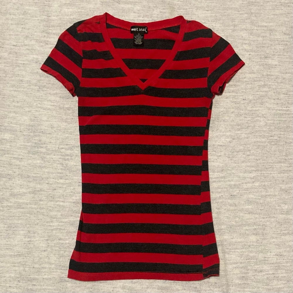Wet Seal Striped V-Neck Cap Sleeve Tee